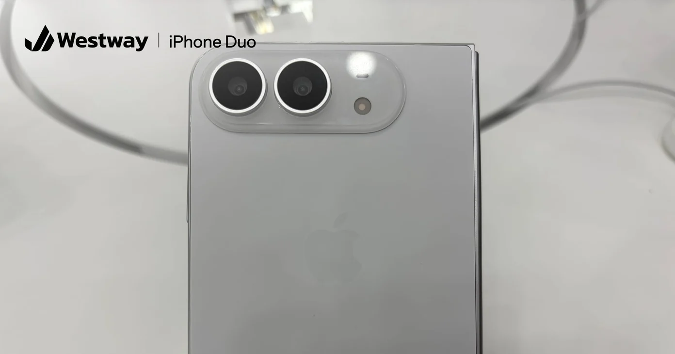 The back of a folded iPhone Duo on a store display stand, the hardware to keep in mind when designing for iPhone Duo