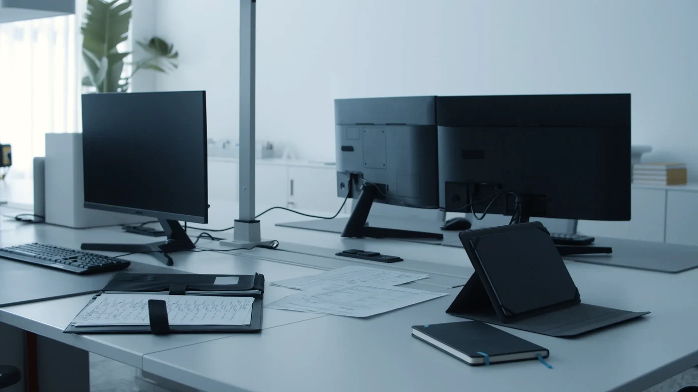 Desks with monitors, a tablet and notebooks in a bright, quiet office