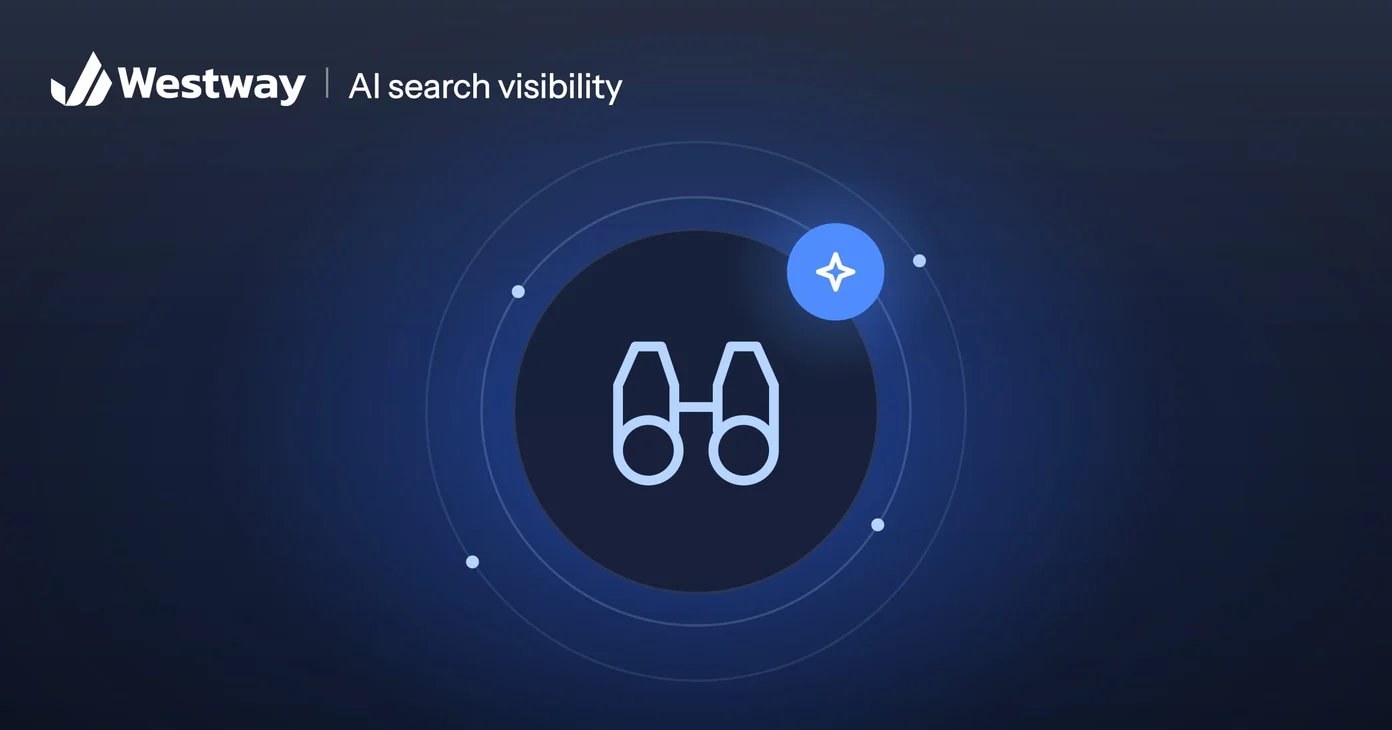 Illustration of AI search visibility, a pair of binoculars with an AI sparkle badge, for checking where AI answers cite your site