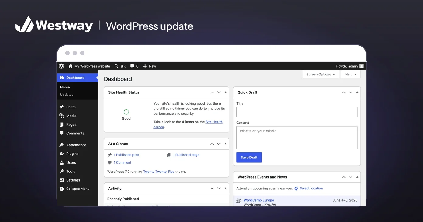 Screenshot of the WordPress admin dashboard in a browser window, where site owners check their version and start the WordPress 7.1.3 update