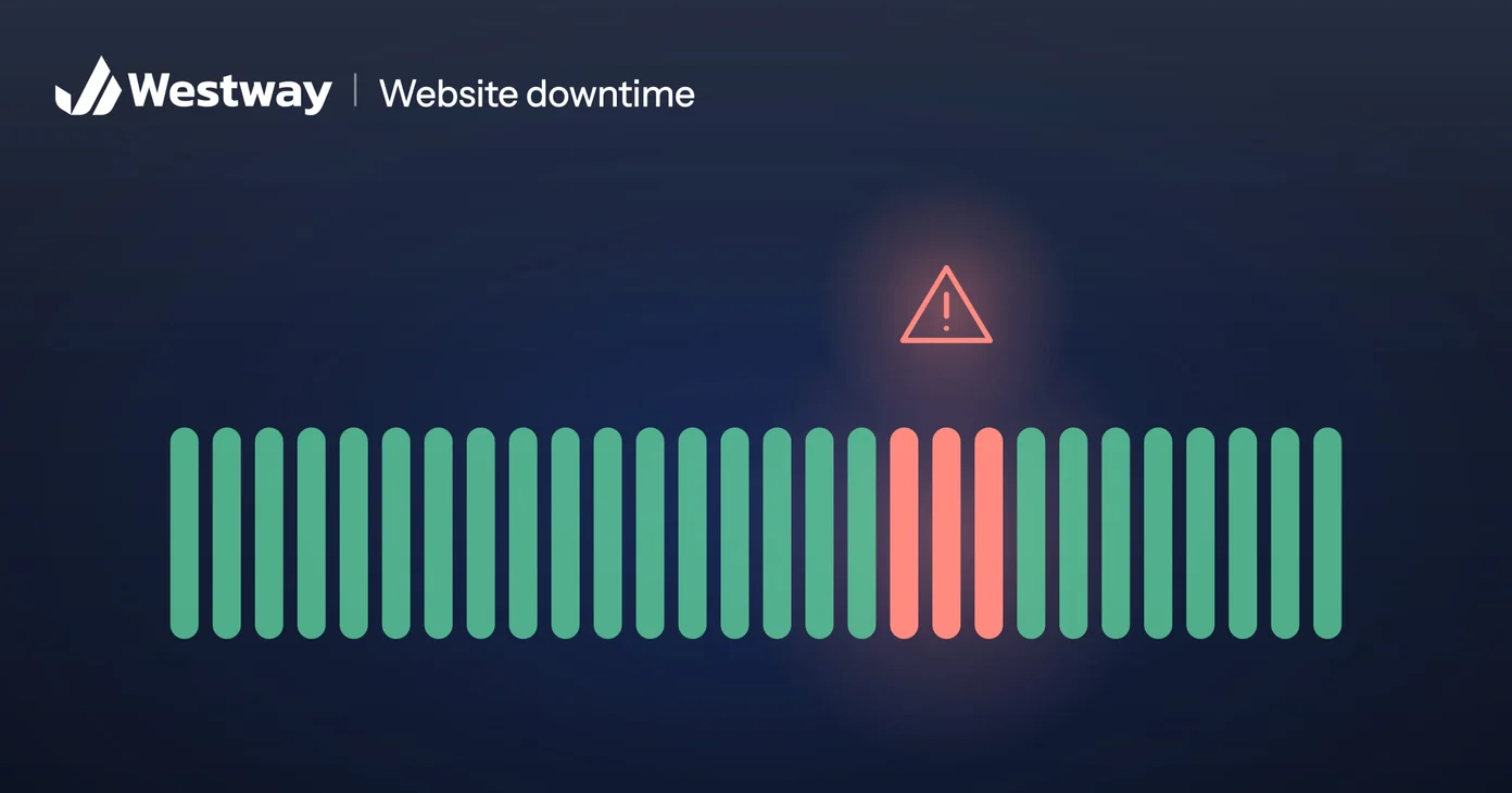 Illustration of website downtime: a status page's uptime strip, mostly green, with a red outage marked by a warning sign