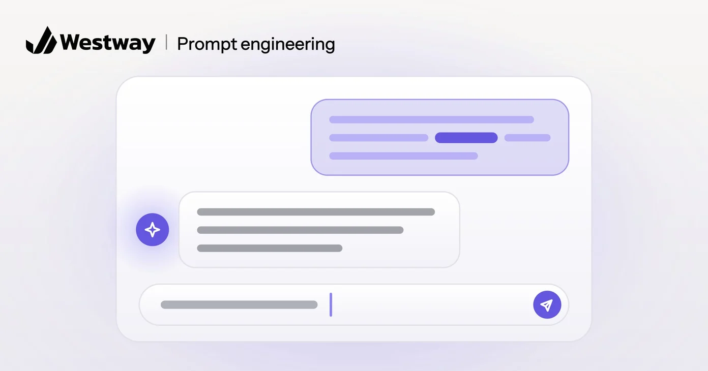Illustration of prompt engineering: a chat window with a prompt whose variables are highlighted, the AI's reply and a message box