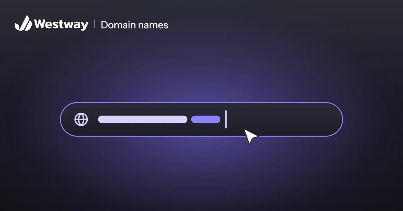 Illustration of choosing a domain name: a browser address bar with a domain being typed
