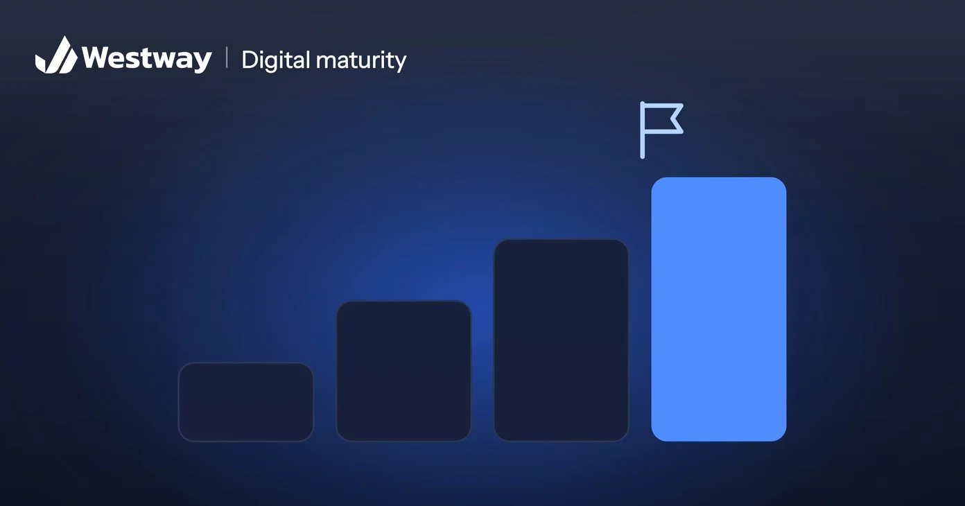Illustration of digital maturity: rising steps with a flag on the highest