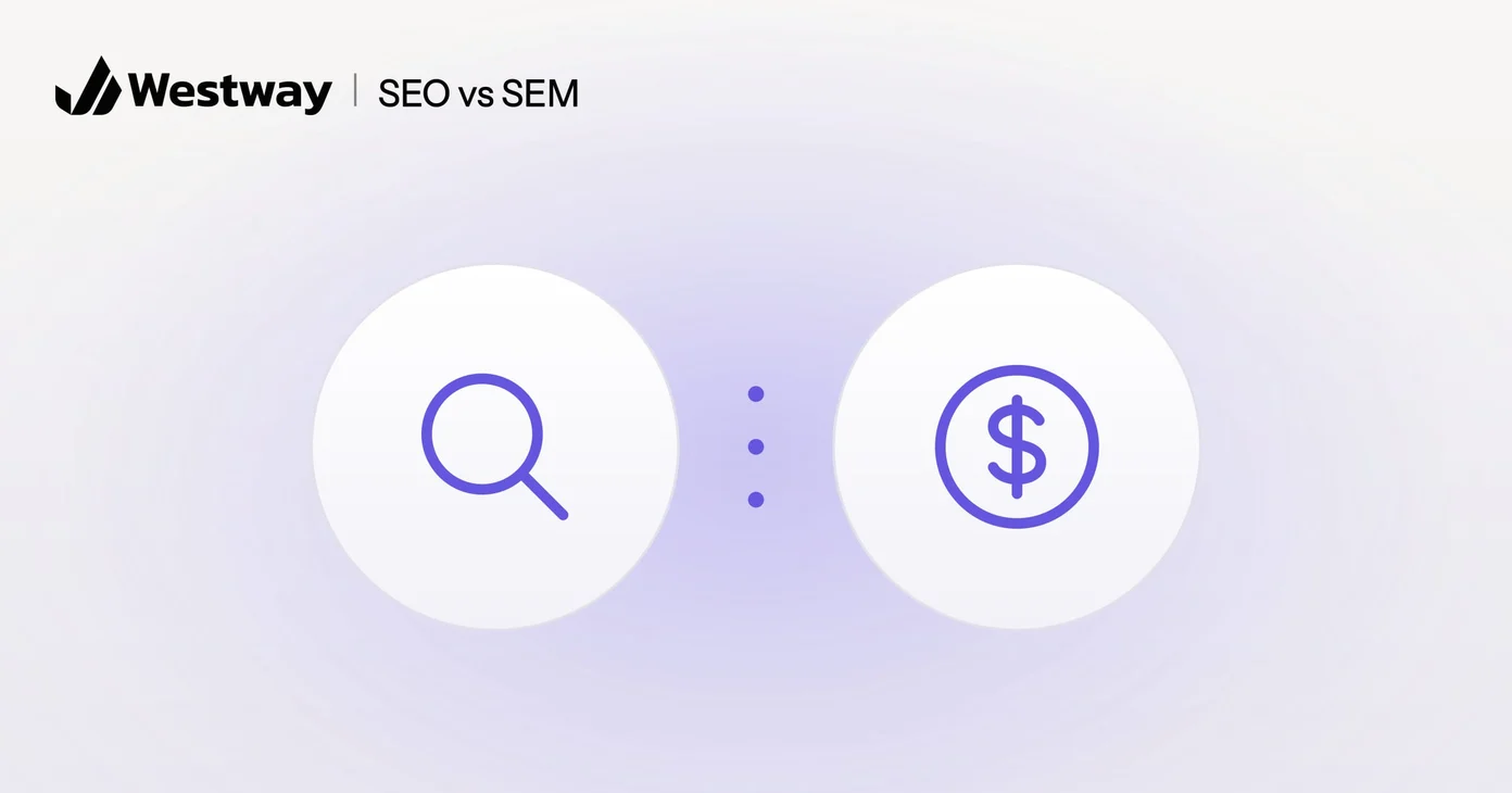 Illustration of SEO vs SEM: a magnifying glass beside a coin
