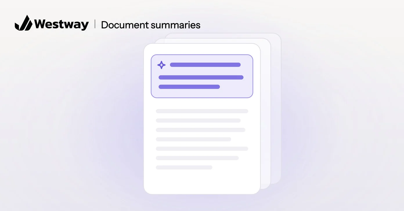 Illustration of an AI document summary: a long document with a short highlighted summary at the top
