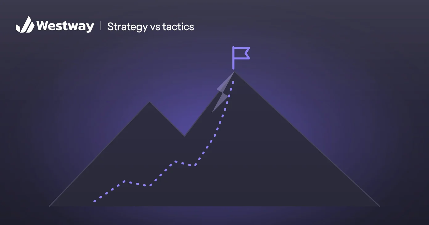 Illustration of strategy vs tactics: a flag on a summit and the stepped path up to it