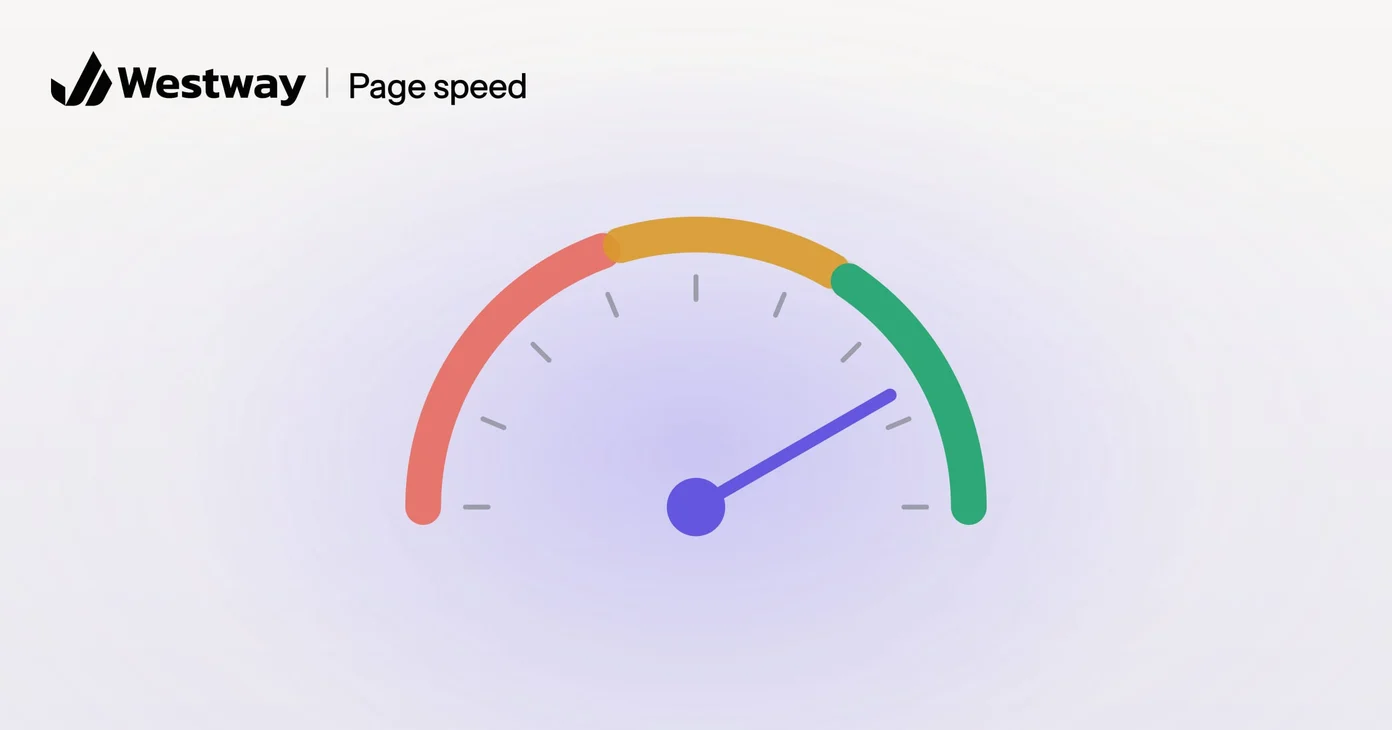 Illustration of page speed: a speed gauge with the needle in the green
