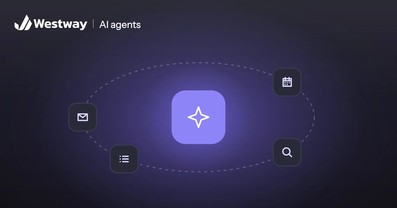 Illustration of AI agents: an AI at the center with tasks like email, scheduling and search on its orbit