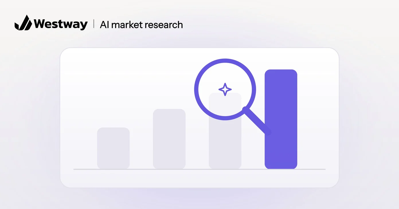 Illustration of AI market research: a magnifying glass with an AI sparkle over a bar chart