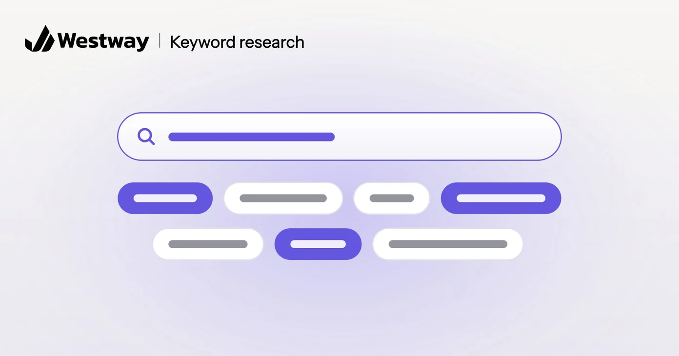 Illustration of keyword research: a search bar with keyword suggestions, some selected