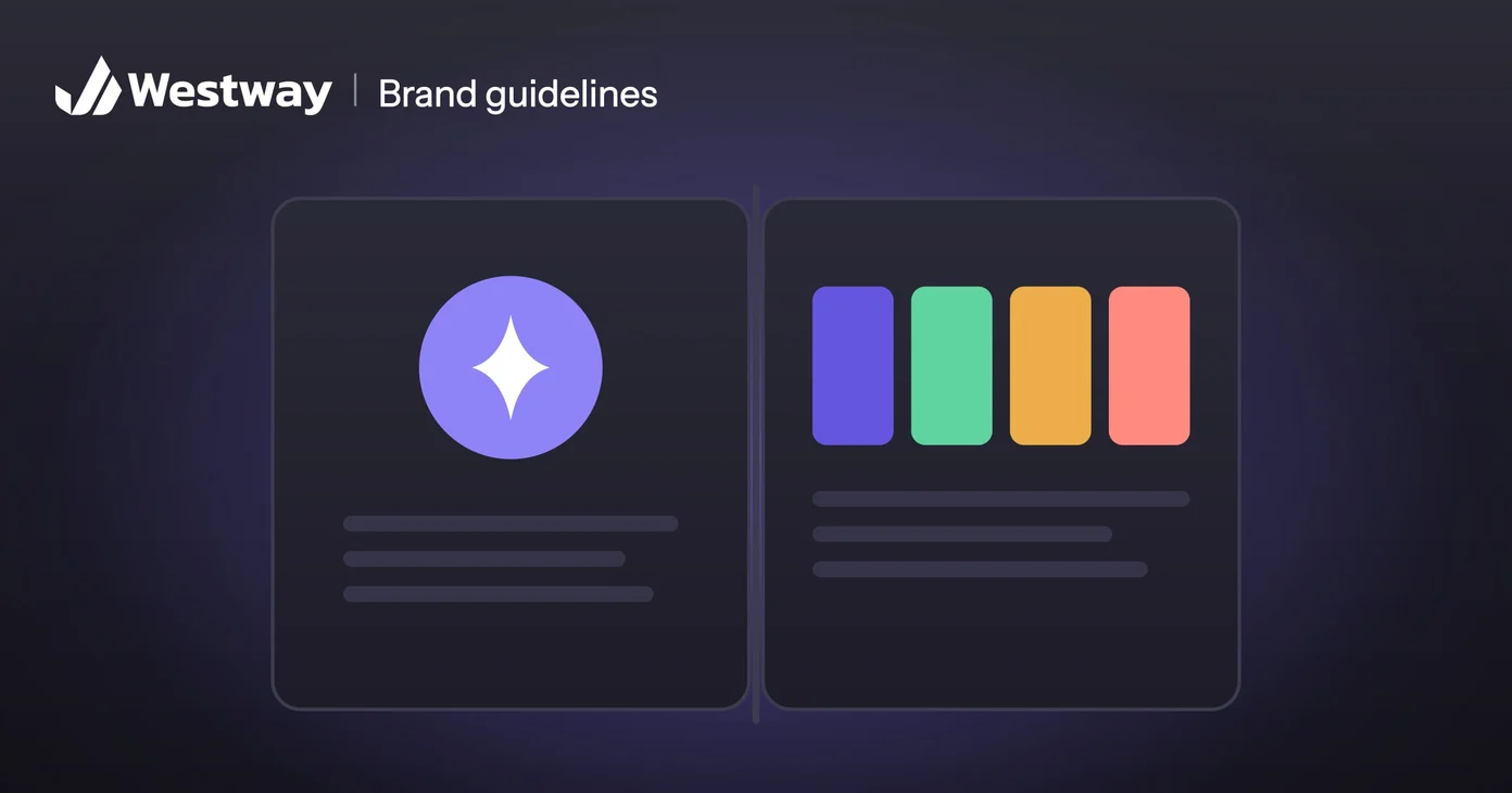 Illustration of brand guidelines: an open brand book with the logo on one page and the colors on the other