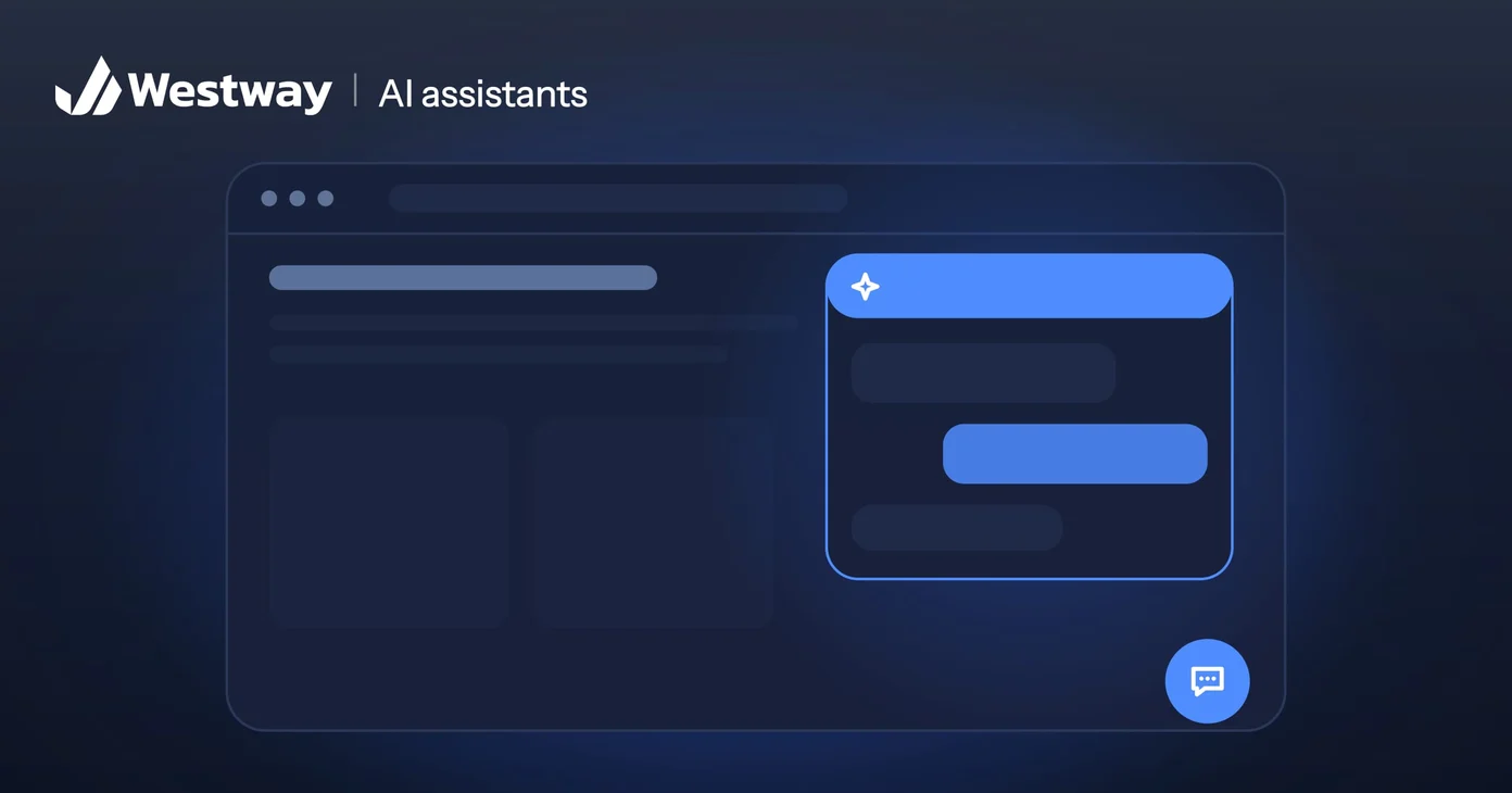 Illustration of an AI assistant on a website: a chat widget open in the corner of a web page