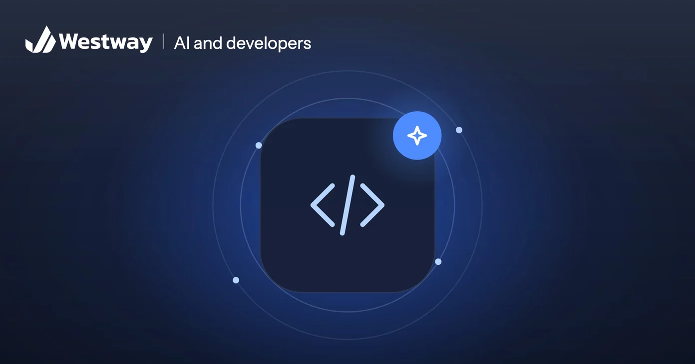 Illustration of AI and web developers: code brackets with an AI sparkle