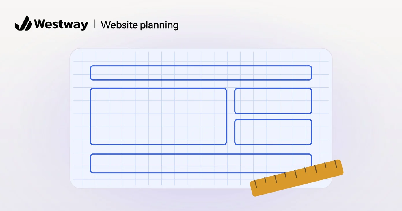 Illustration of planning a website project: a wireframe on blueprint paper with a ruler