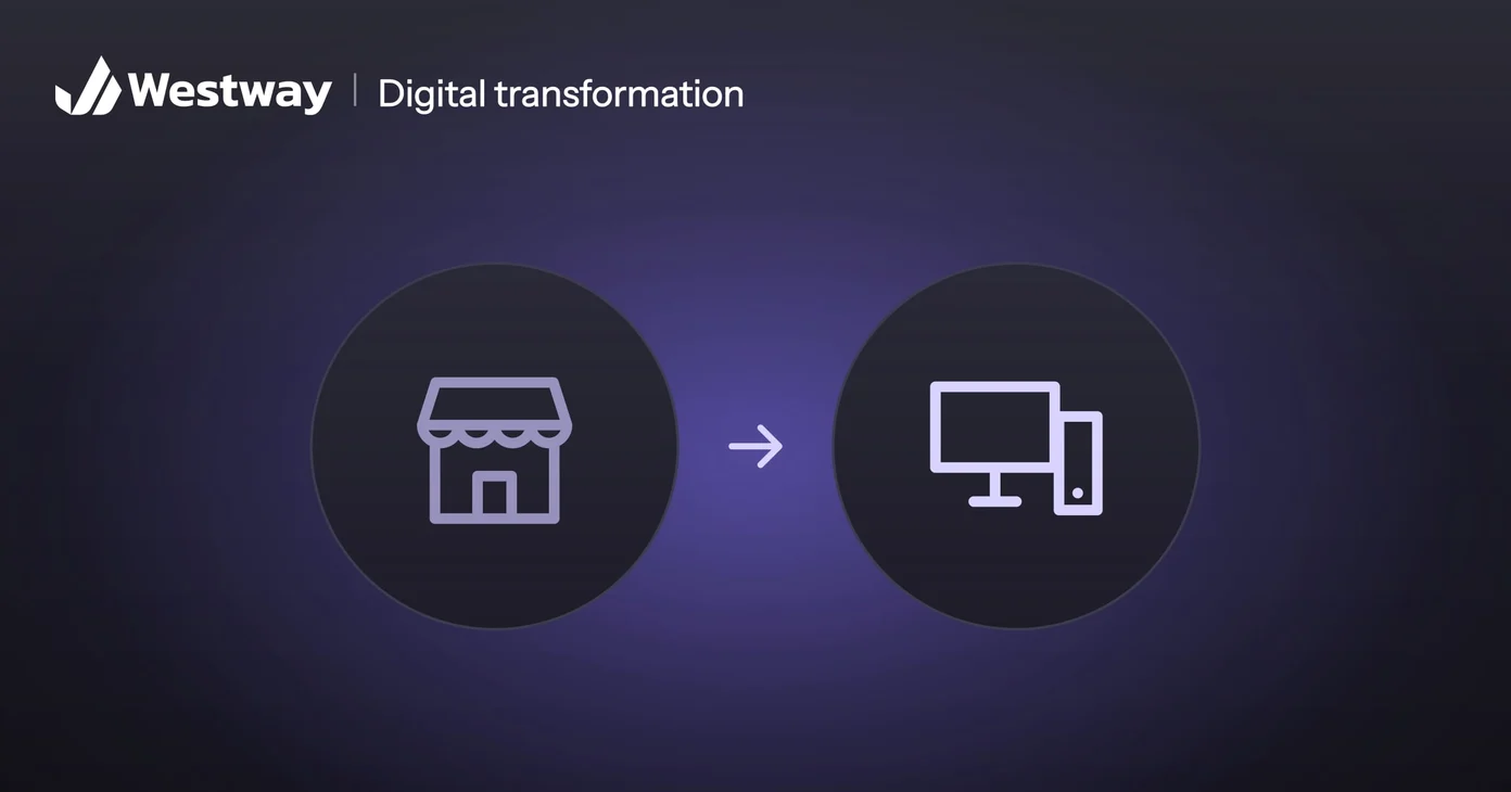 Illustration of digital transformation for a small business: a shopfront becoming a website and app