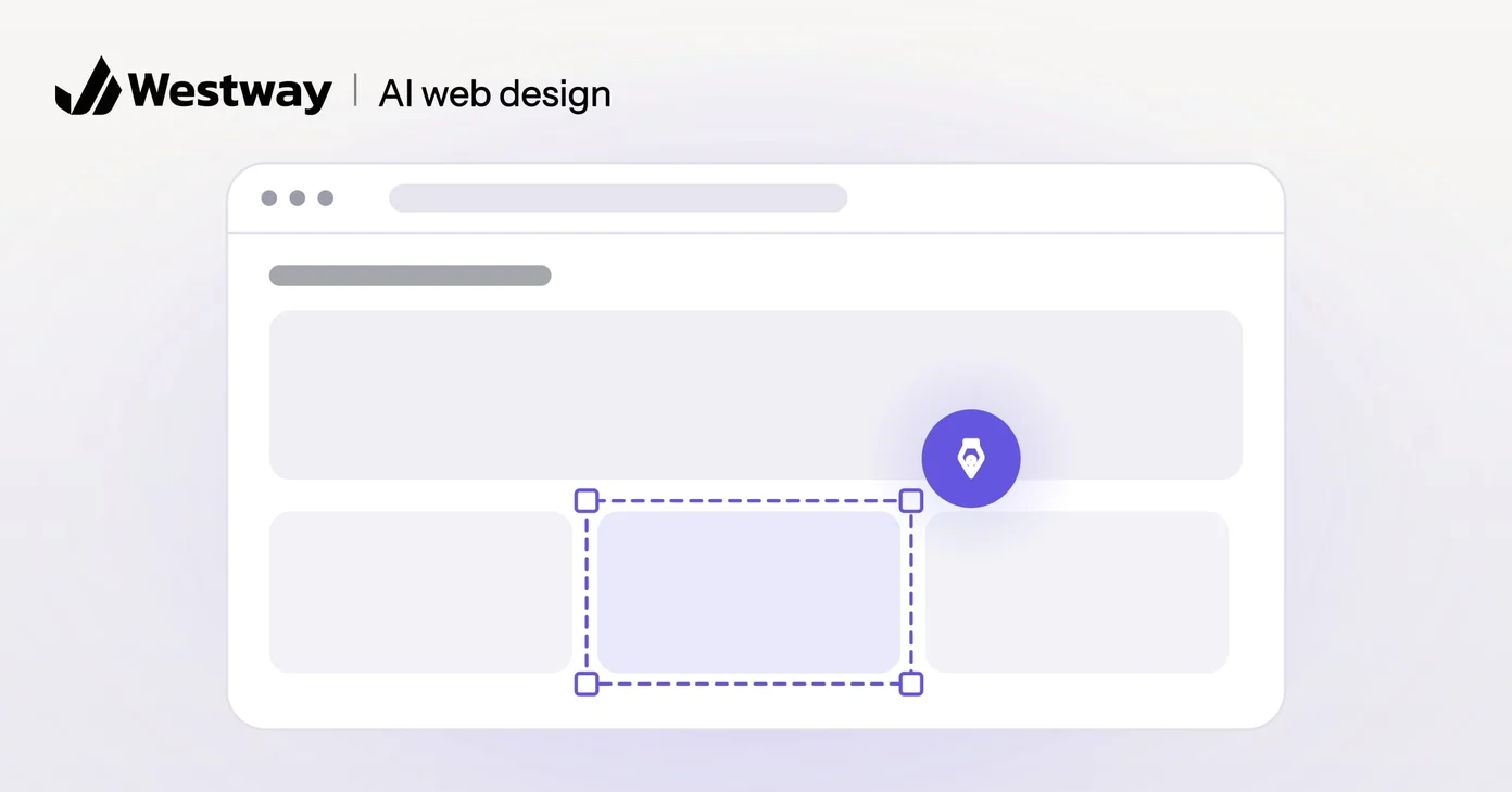 Illustration of AI in web design: a page layout with one block selected and the pen tool