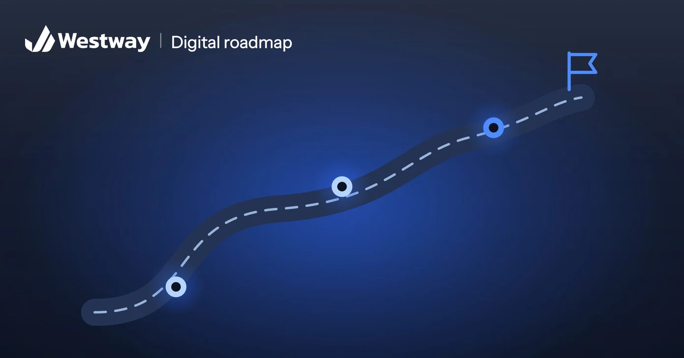 Illustration of a digital roadmap: a road winding past milestones to a flag