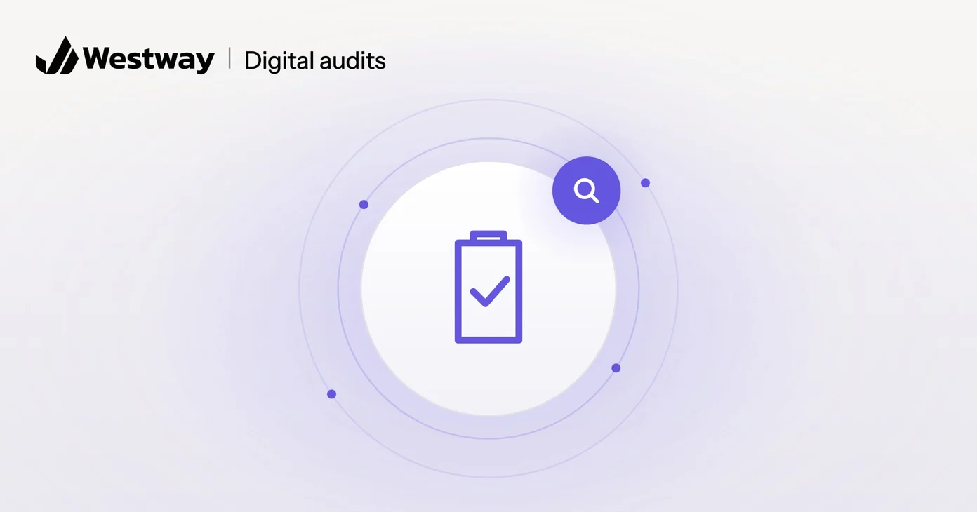 Illustration of a digital audit: a clipboard checklist with a magnifying glass