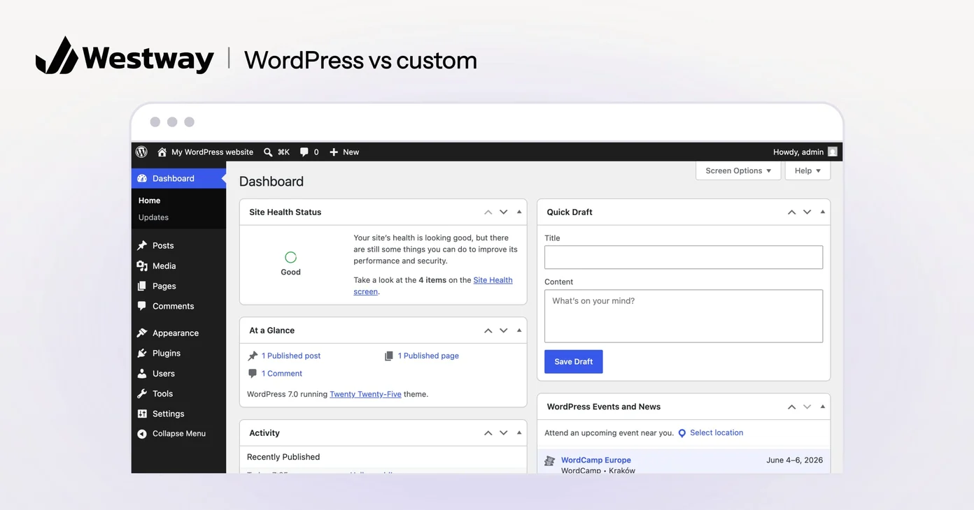 The WordPress 7.0 admin dashboard in a browser window