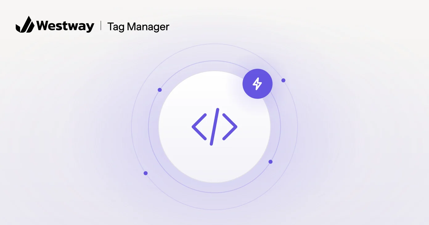 Illustration of a Google Tag Manager container upgrade: a code symbol with a lightning badge for faster tracking